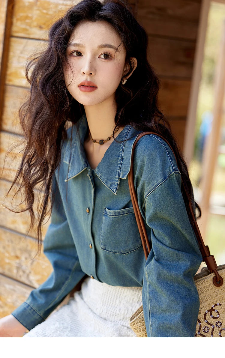 MISHOW Washed Denim Shirt Double Layered Patchwork Collar Metal Buckle MXE12C0751