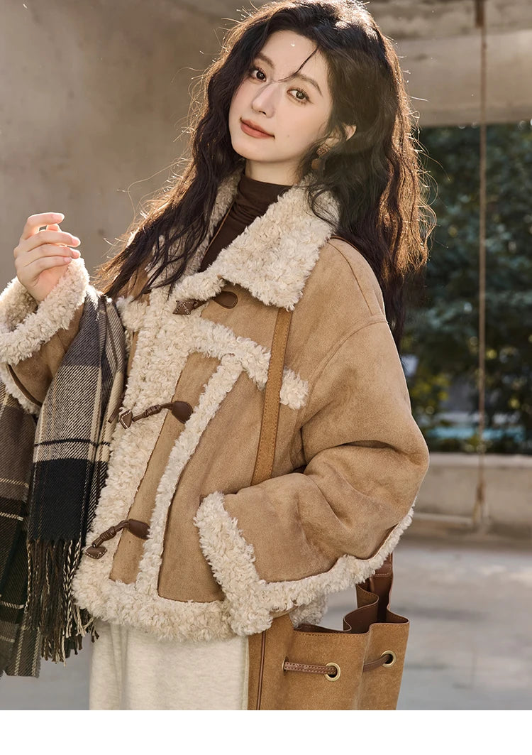 Mishow Vintage Cow Horn Button Lamb Wool Coat MXD35W0492