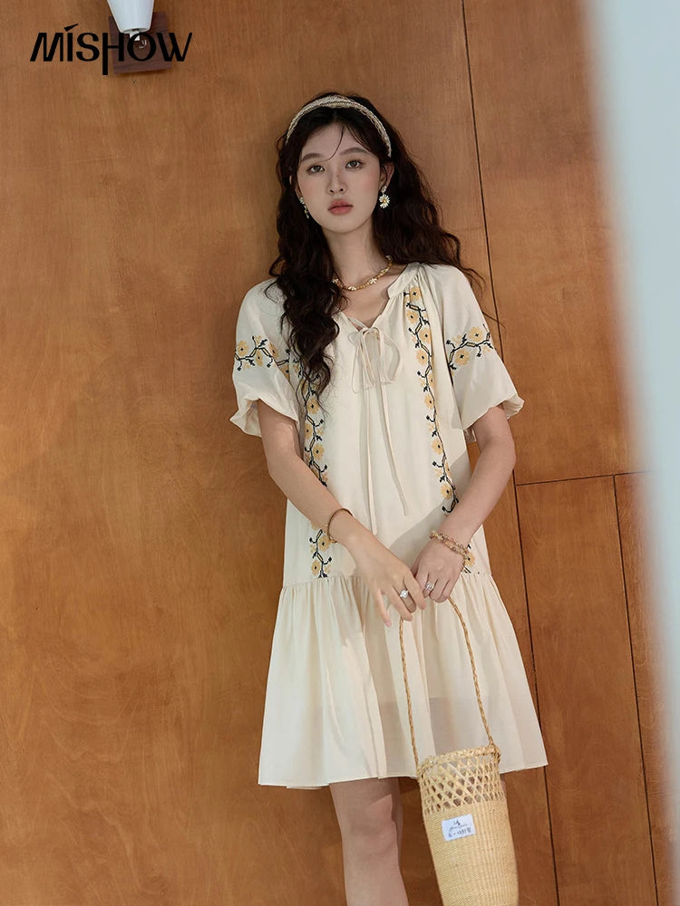 Mishow Korean Sunflower Embroidery Lace-Up Doll Dress MXD30L1959