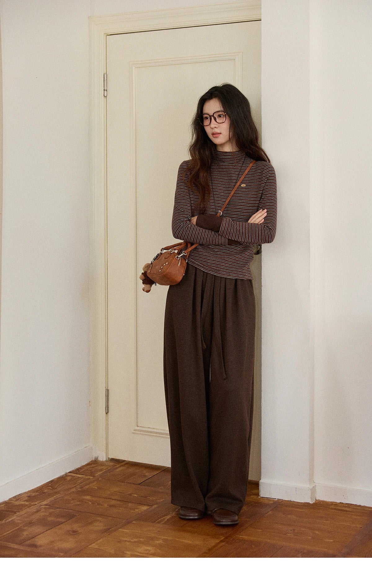 MISHOW Brown Wide-Leg Pants Thickened Drawstring Waistband MXE87K1126