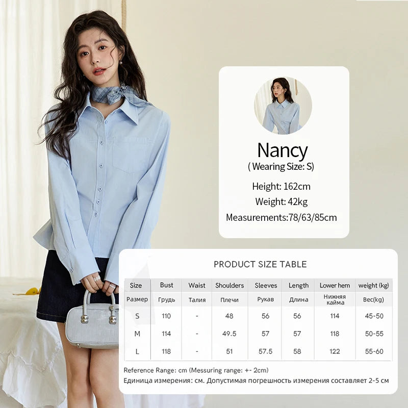 MISHOW Women's French Blue Shirt Polo Collar Waist Pocket MXE14C0753