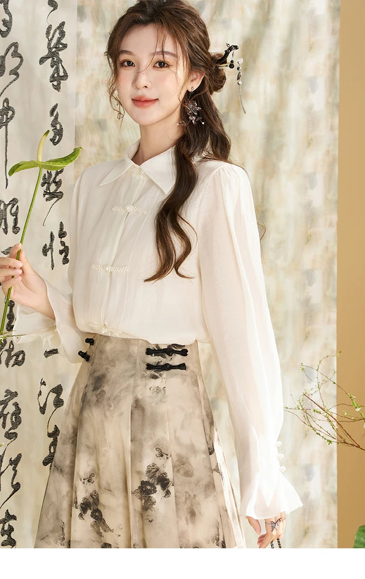 MISHOW Chinese Lapel Shirt Pearl Embellishments Petal Sleeve MXD11X1344