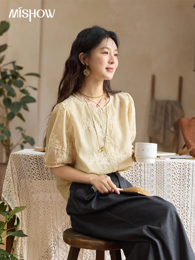 MISHOW French Retro Embroidered Floral Blouse Round Neck Puff Sleeve MXE36X1874
