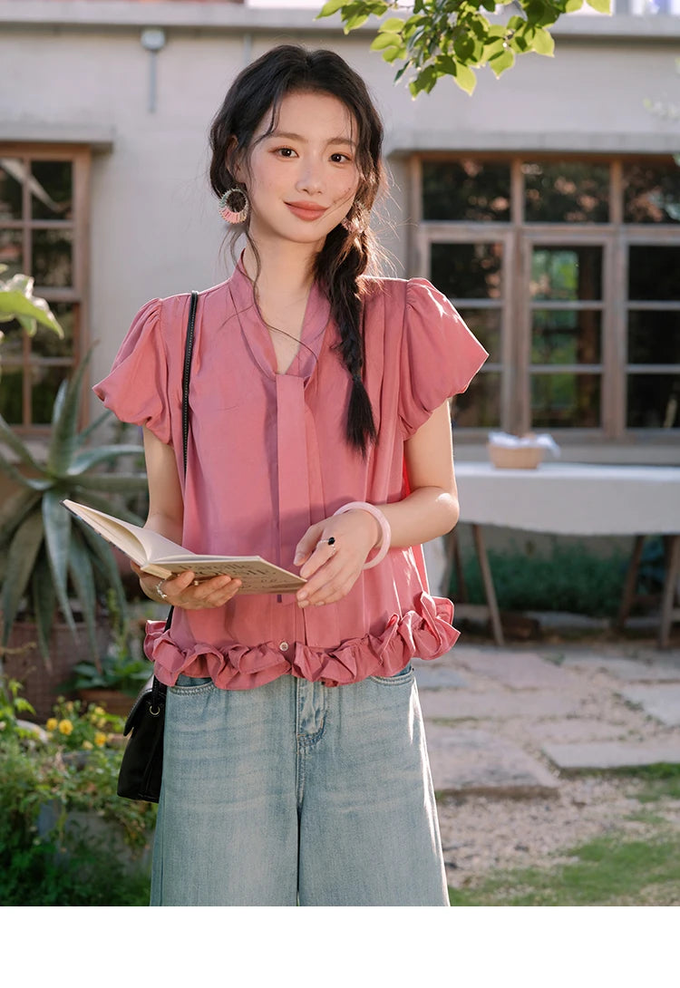 MISHOW V-Neck Puff Sleeve Blouse Lace Up Button Sweet MXE38X1914