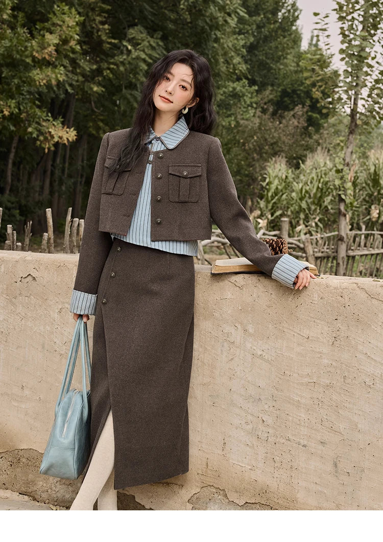 Mishow Plaid Tweed O-Neck Jacket & Front Slit Long Skirt Set MXD43W0445