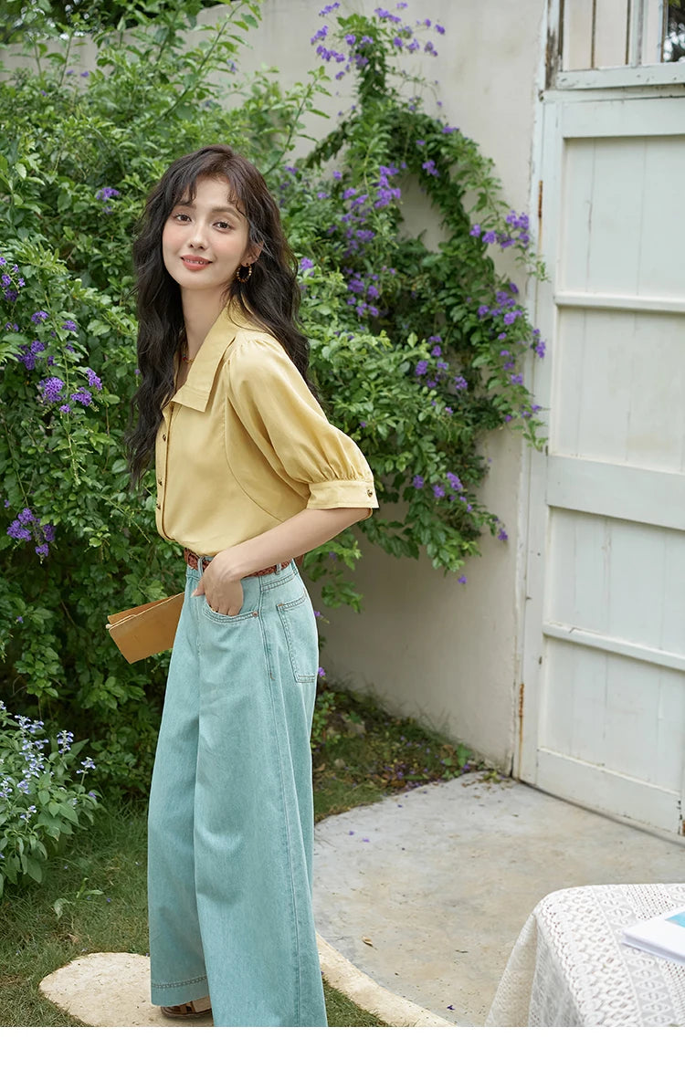 MISHOW Short Sleeve Blouse Lapel Simple Loose Fit MXD28C0247