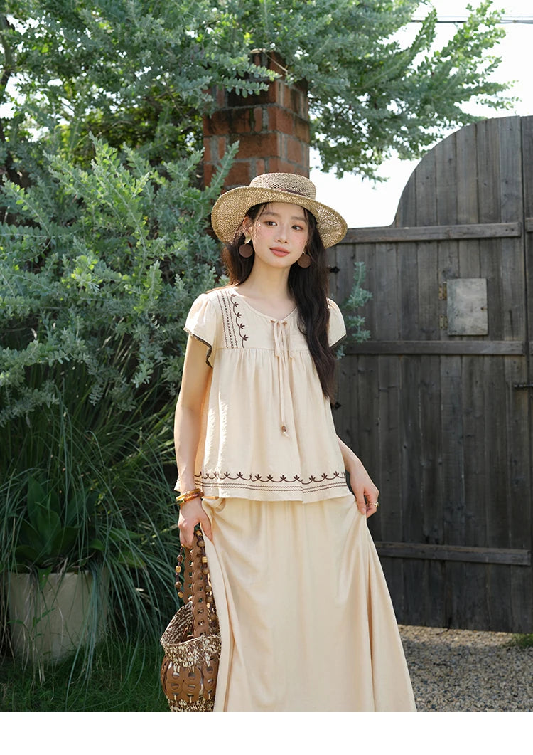 Mishow Embroidery Flying Sleeve Top & Elastic Waist Skirt Set MXE39T0667