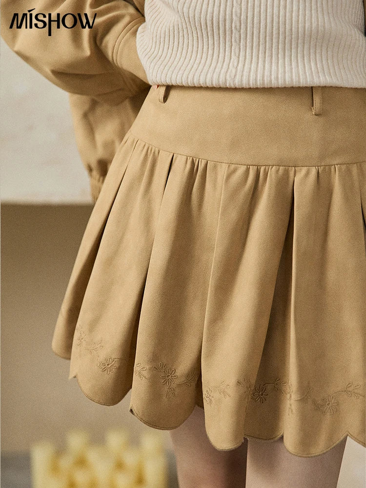 Mishow Embroidered Pleated High Waist Wavy Hem Skirt MXE87B2451