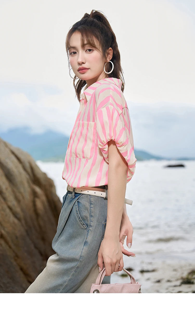 MISHOW Women's Striped Puff Sleeve Polo Neck Shirt MXC38C0072