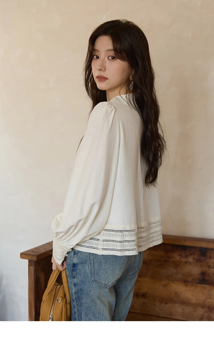 MISHOW French Lace Patchwork Shirt Butterfly Collar Lantern Sleeves MXE41C2357