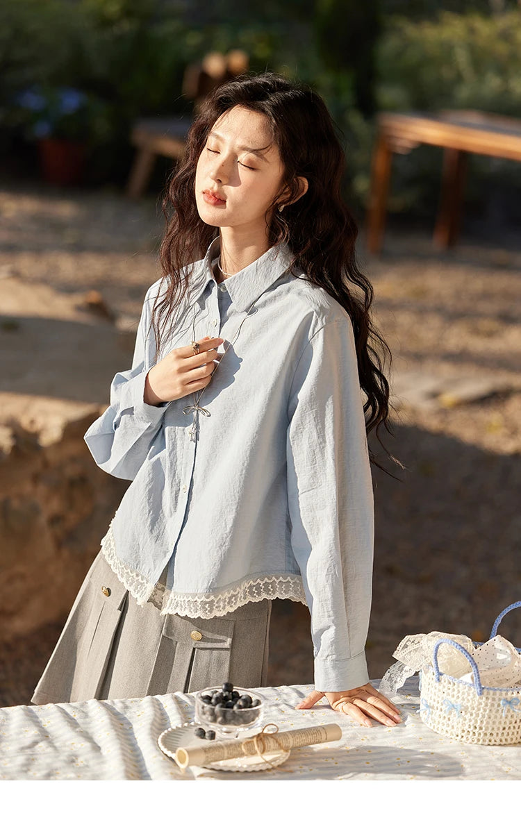 MISHOW Cotton Blue Shirt Hem Lace Lapel Collar MXE12C0410