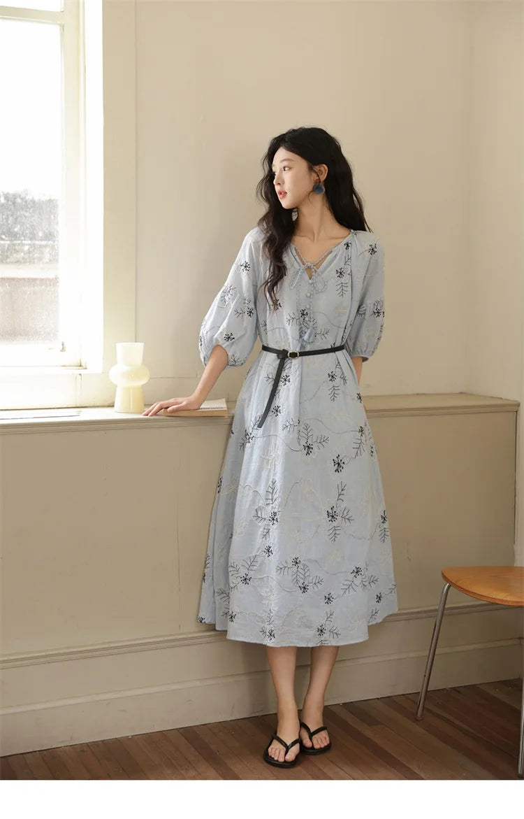MISHOW Blue Flower Embroidered Lantern Sleeve Dress MXE42L2493