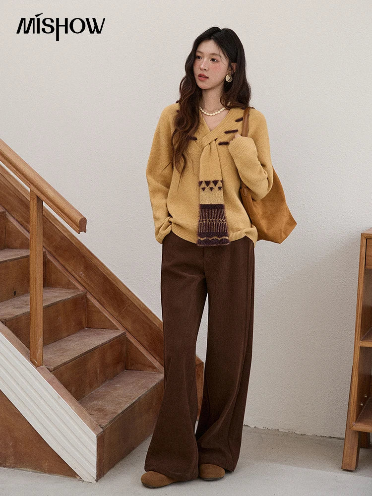 Mishow Yellow V-Neck French Workwear Pullover MXE87Z2771