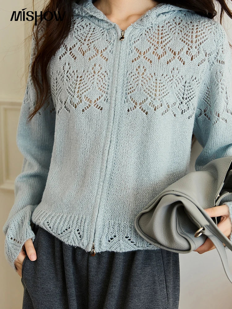 Mishow Blue Hooded Hollow Knit Zipper Cardigan MXE46Z2584