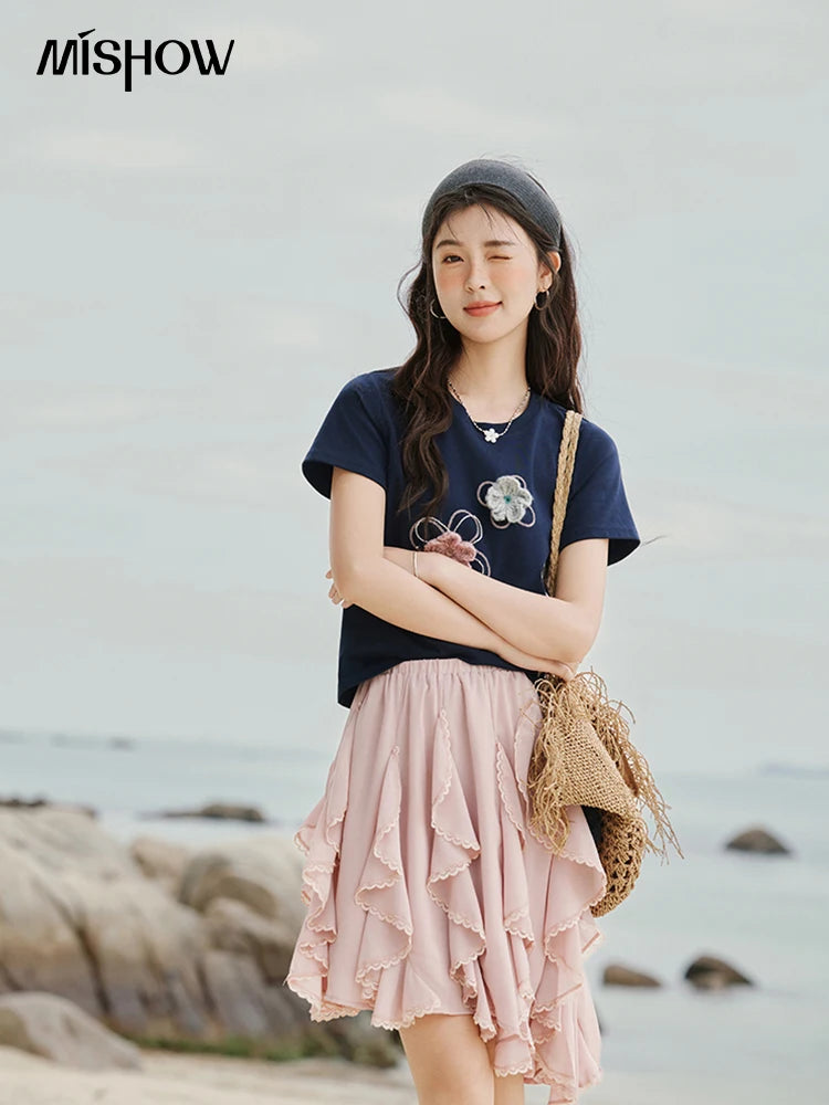 Mishow Flower Beaded Round Neck Tee MXE33T0499