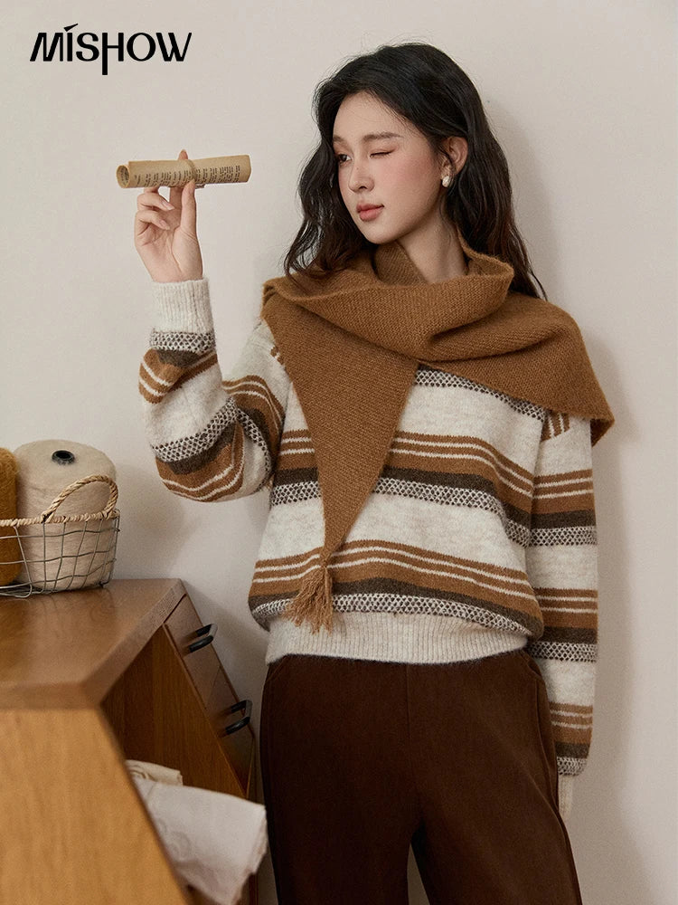 Mishow Wool Blend Retro Striped Sweater with Scarf MXE94Z2987