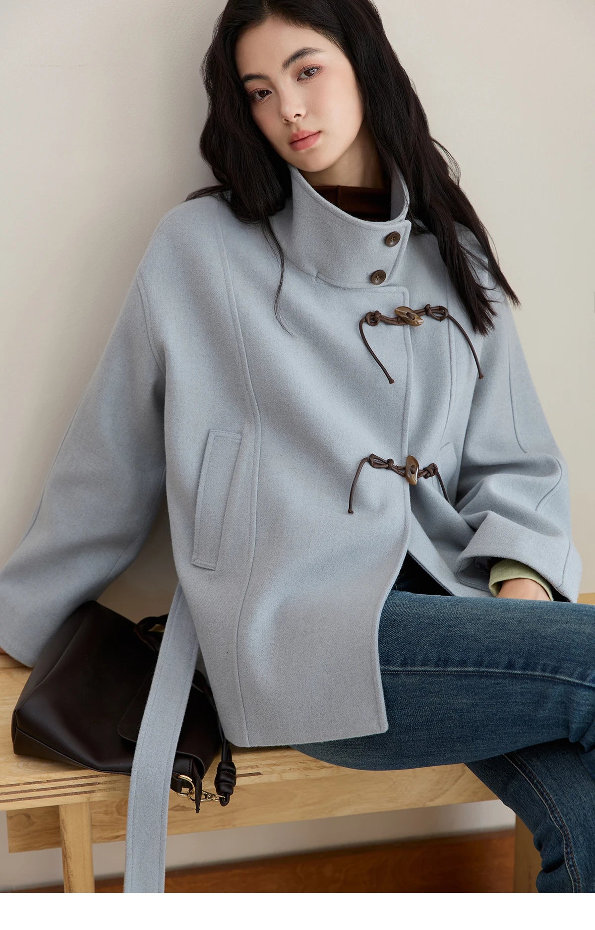 Mishow Blue Double-Breasted Lace Up Woolen Coat MXE51W0872