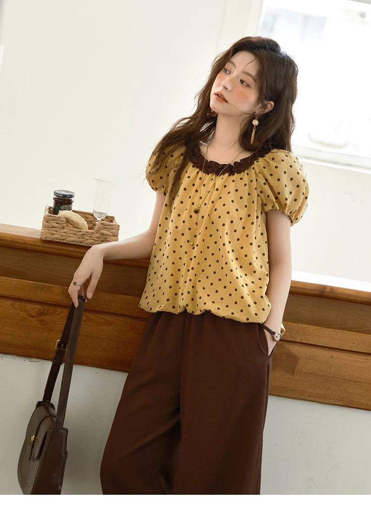 Mishow Polka Dot Puff Sleeve Top & Wide Leg Pants Set MXE39T0657