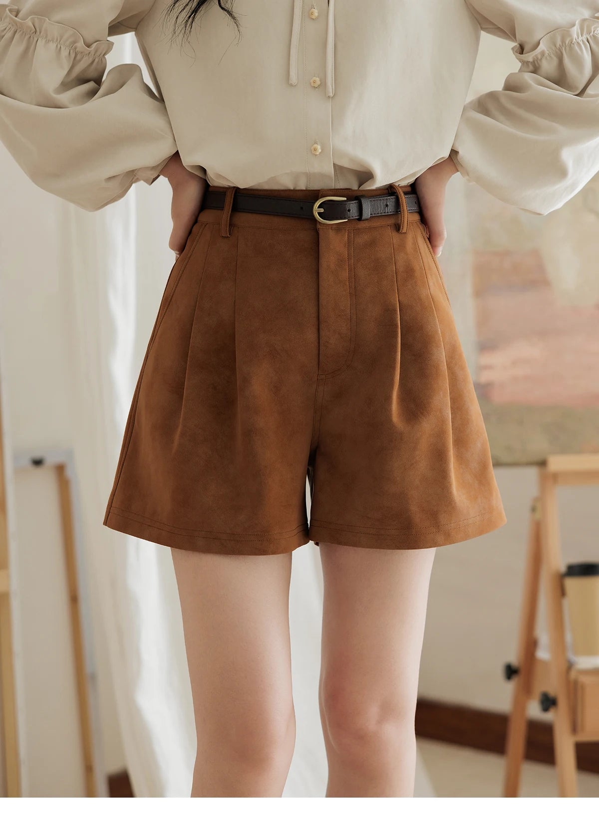 Mishow Suede High Waist A-Line Wide Leg Shorts with Pockets MXD44K0753
