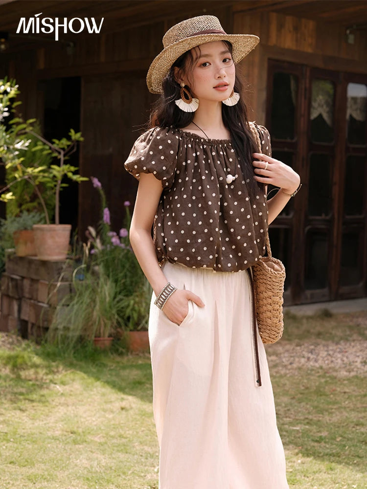 Mishow Polka Dot One Shoulder Puff Sleeve Top & Wide Leg Pants Set MXE38T0683
