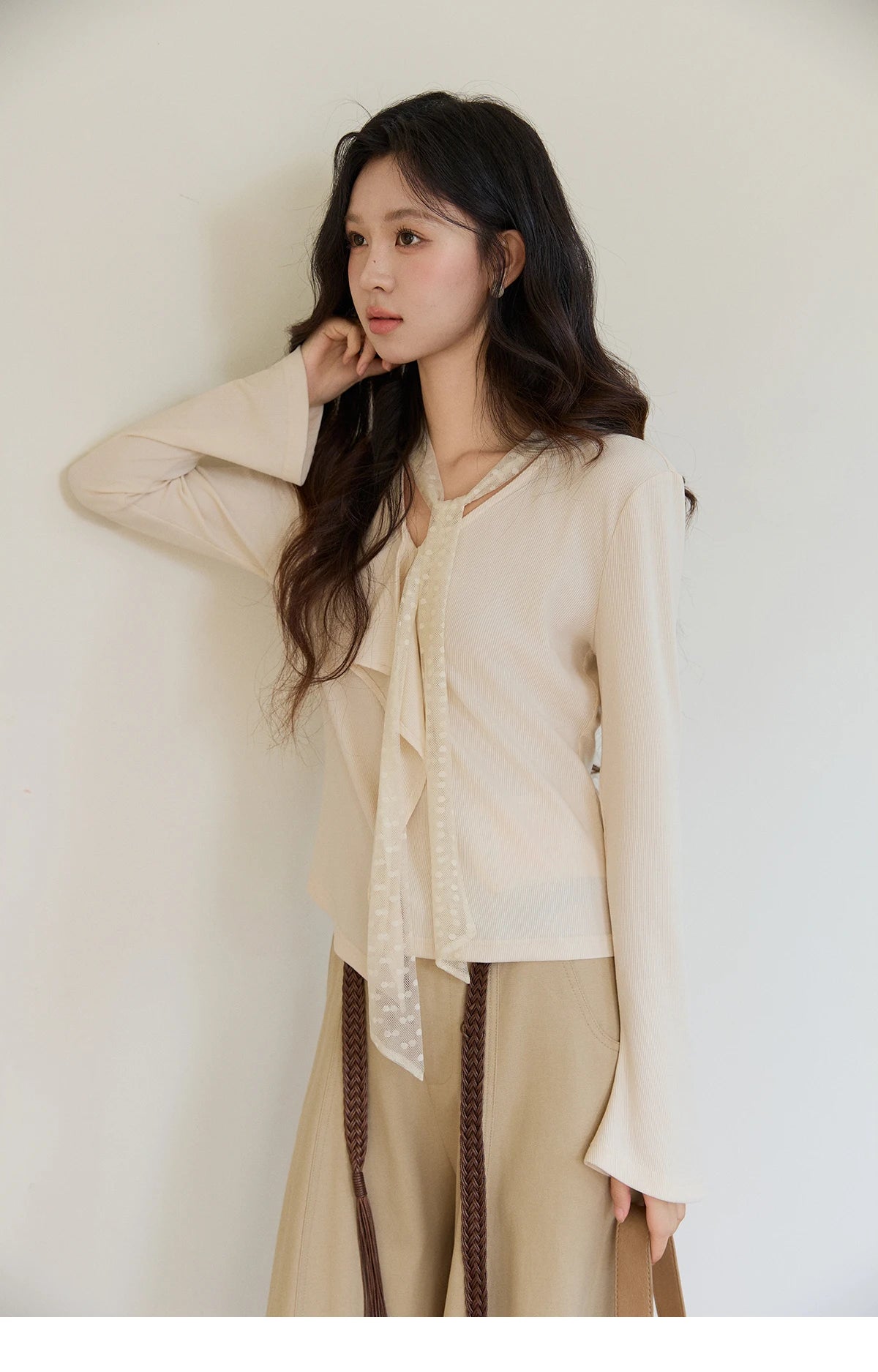Mishow V-Neck Lace Ribbon Flare Sleeve Top MXF108Z1016