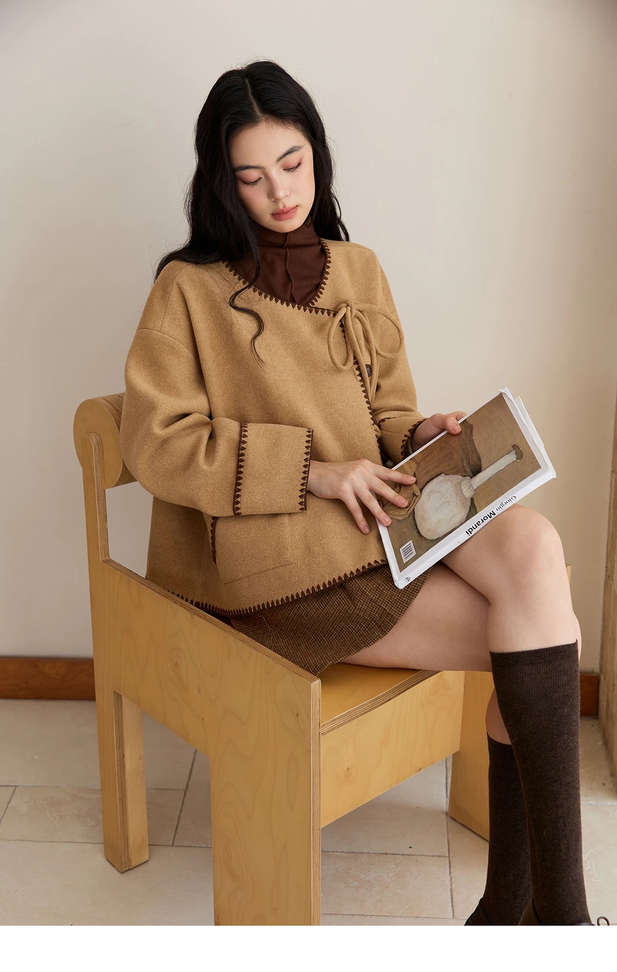 MISHOW Khaki Asymmetrical Coat Shell Flower Embroidery Lace-Up MXE49W0854