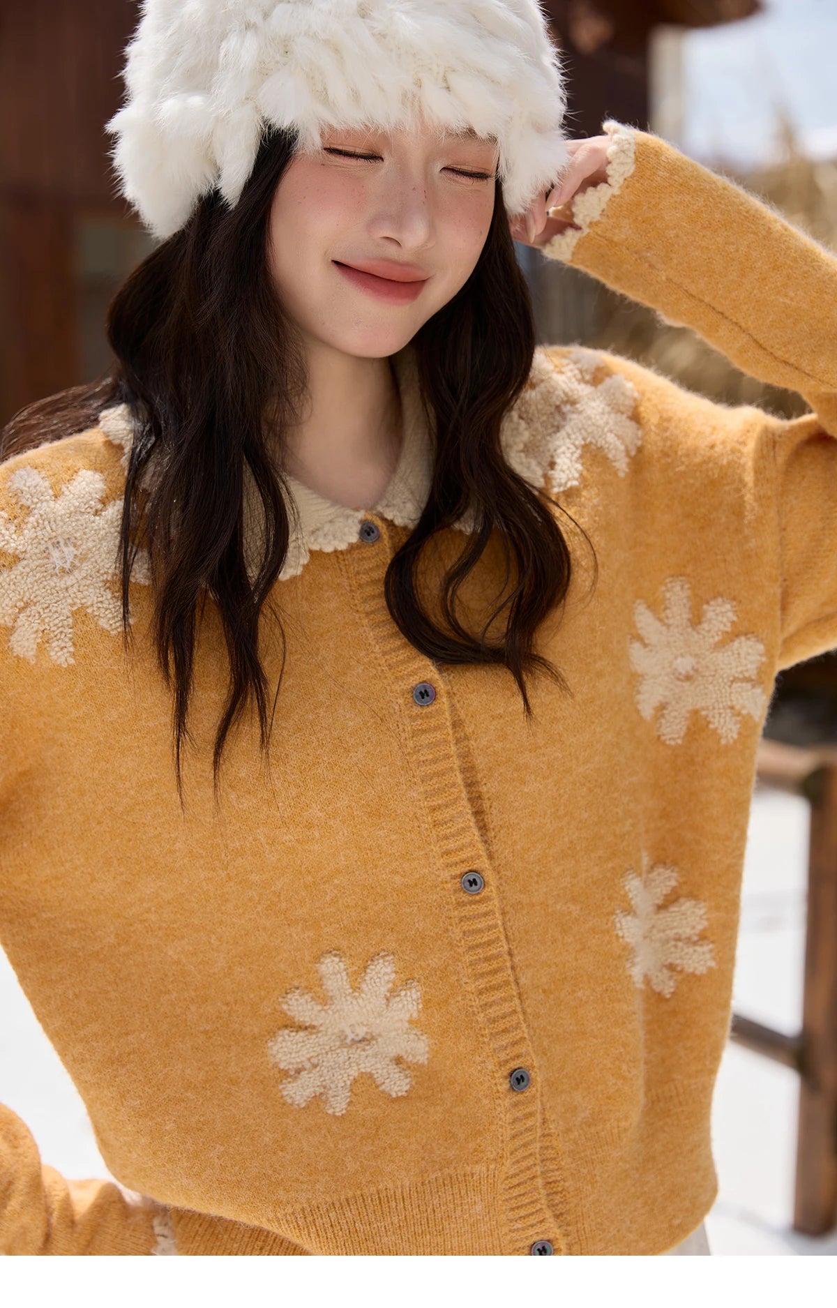 Mishow Yellow Retro Jacquard Turn-Down Collar Cardigan MXE88Z2691