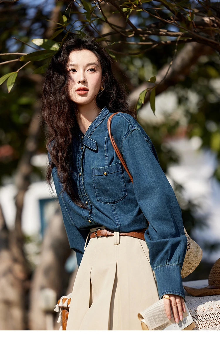 MISHOW 100% Cotton Denim Shirt O-Neck Loose Fit MXE12C0384