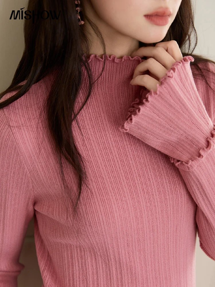 Mishow Turtleneck Wood Ear Trumpet Sleeve Top MXE51Z2552