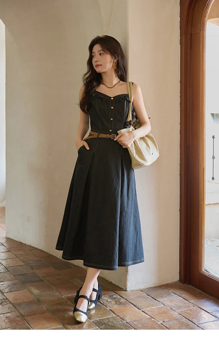 Mishow Lantern Sleeve Cardigan & Denim Strap Dress Set MXE41T0704