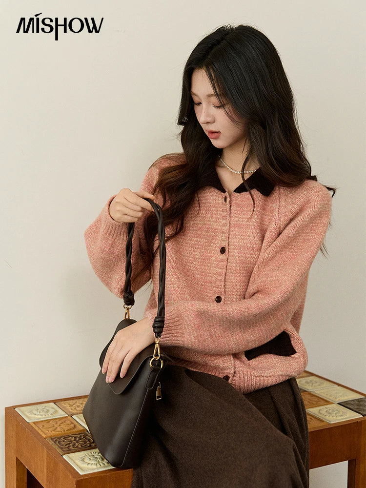 Mishow Pink Contrast Collar Bow Pocket Cardigan MXE94Z2957