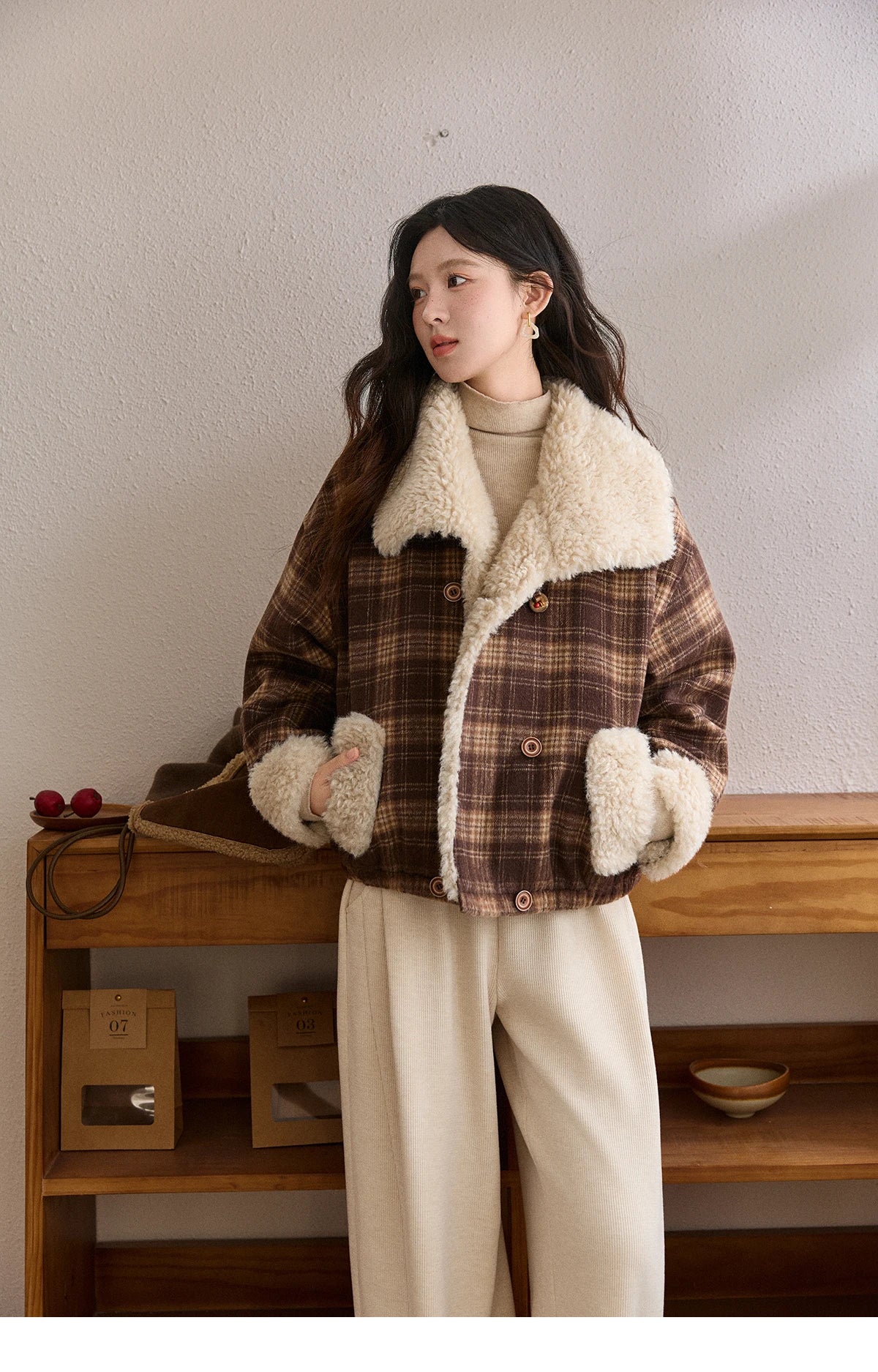 Mishow Retro Plaid Large Lapel Padded Jacket MXE87W1004