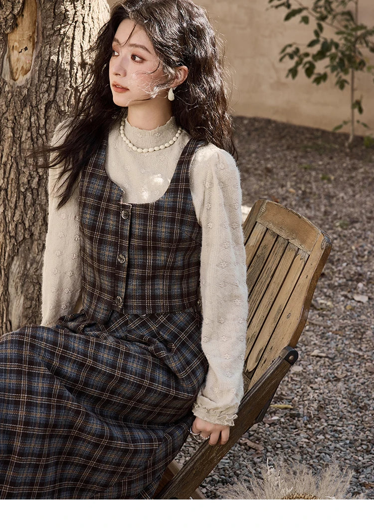 Mishow Blue Plaid Square Collar Vest & Midi Skirt Set MXD44W0454