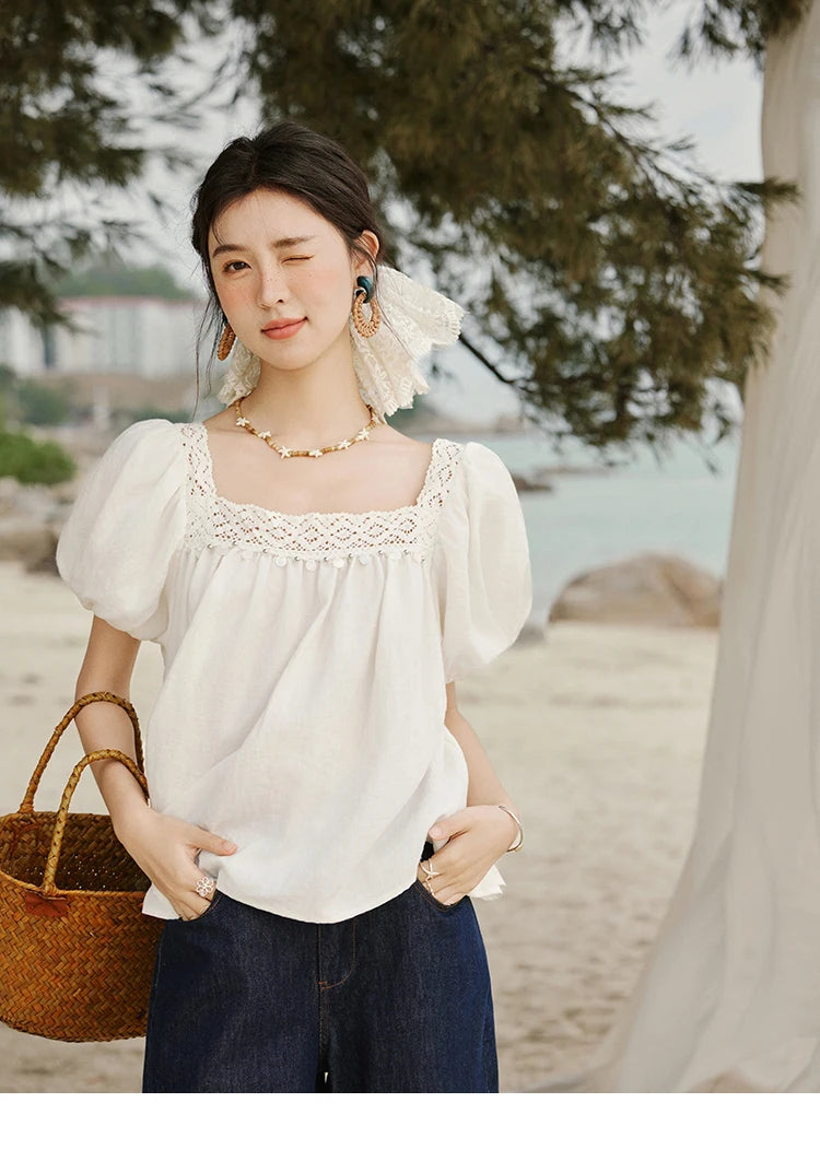 MISHOW Square Collar Puff Sleeve Blouse Lace Splicing MXE32X1780