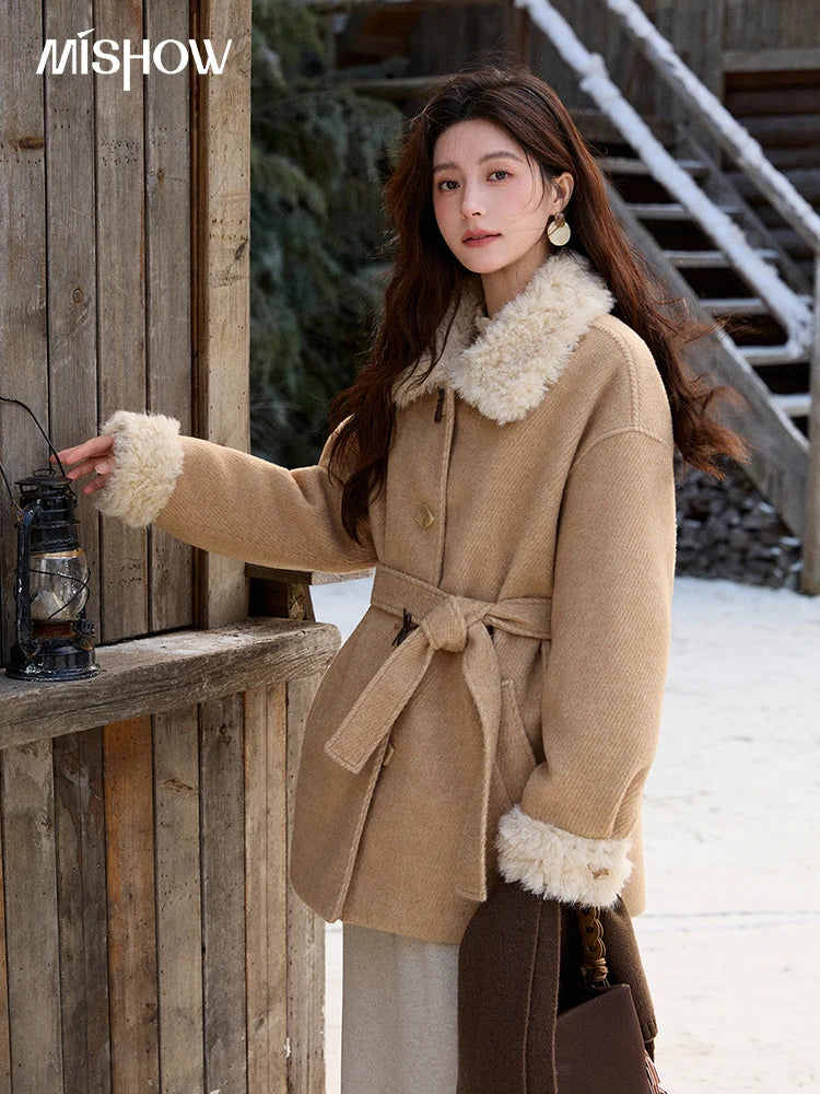Mishow Thick Wool Blend Belted Patchwork Coat MXE92W0997