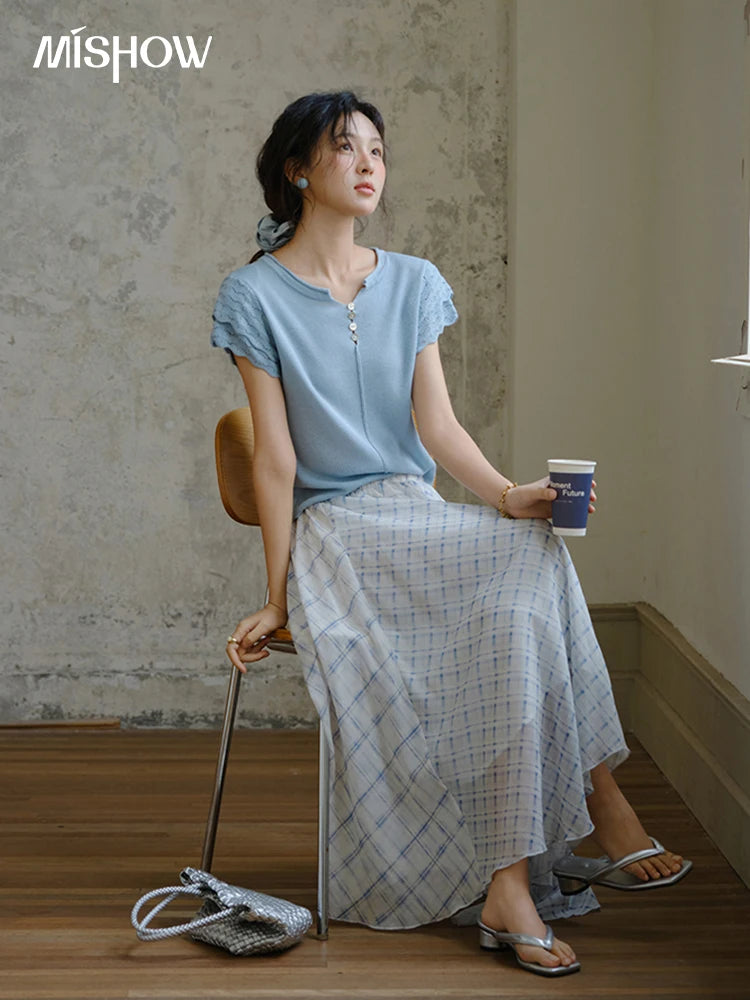 Mishow Blue Button O-Neck Wool Tee MXE34Z1262