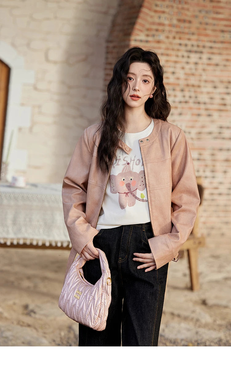 MISHOW Pink Leather Jacket Slim Fit Long Sleeve MXE11W0714