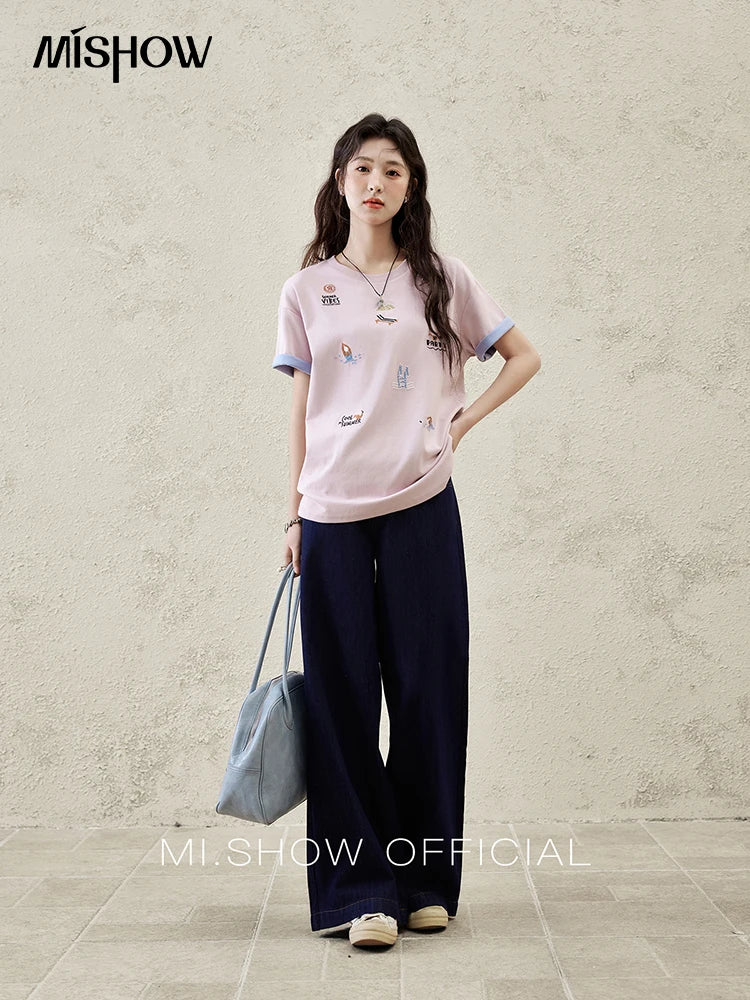 Mishow Stitching Ruffle High Waist Wide Leg Jeans MXE16K0907