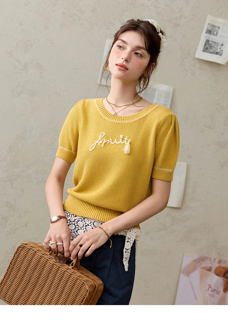 Mishow French Letter Short Sleeve Round Neck Pullover MXE33Z1219