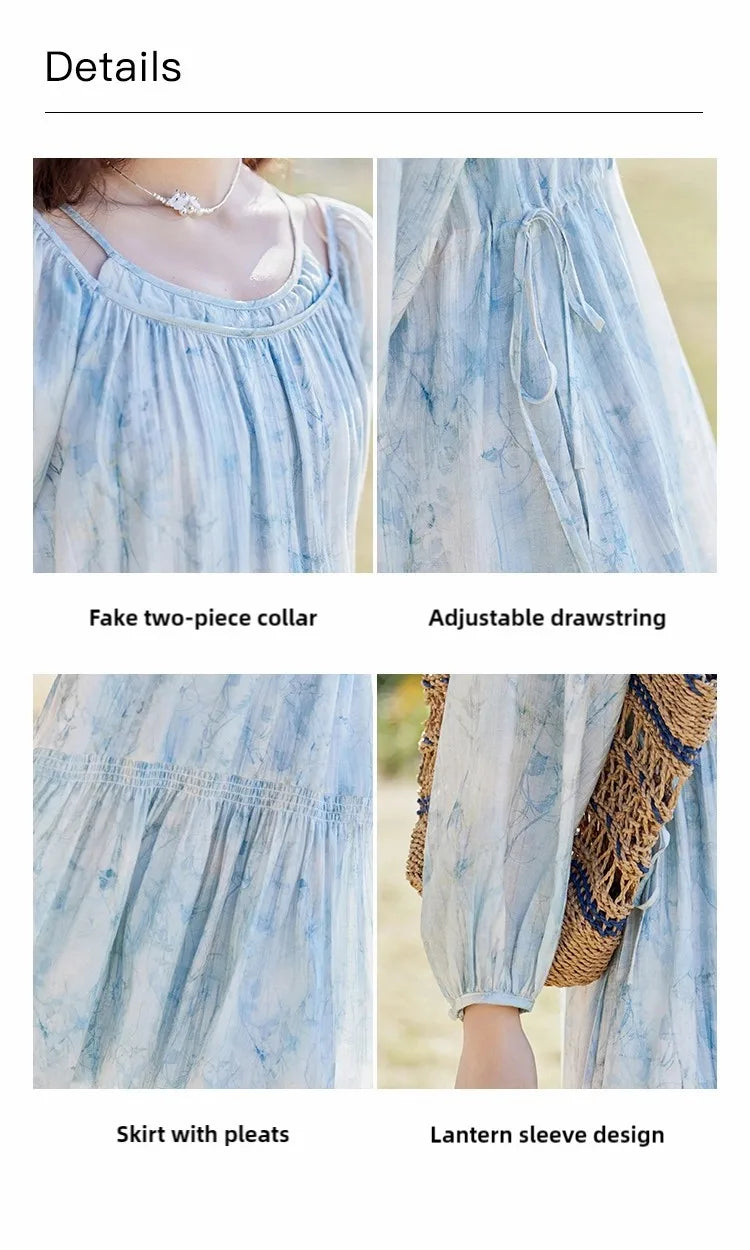 Mishow Blue Floral Chiffon Drawstring Lantern Sleeve Dress MXE16L2114