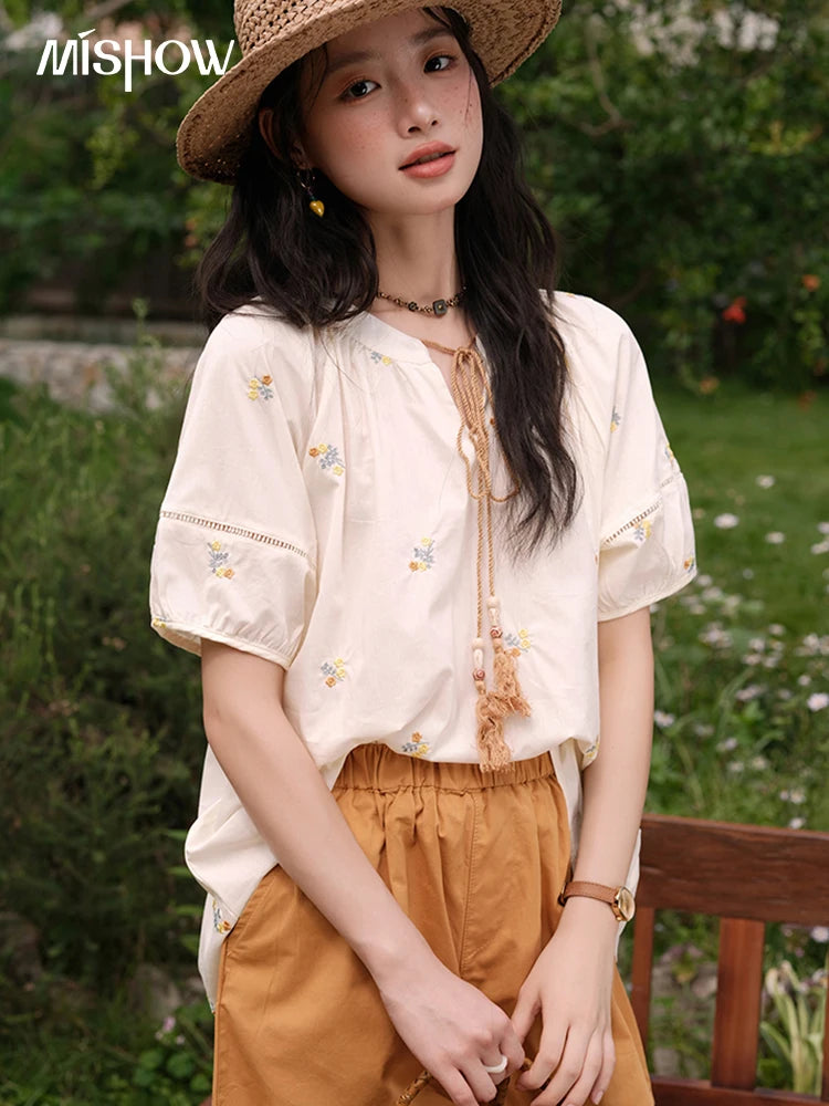 Mishow Puff Sleeve Lace-Up Top & Elastic Waist Shorts Set MXE38T0684