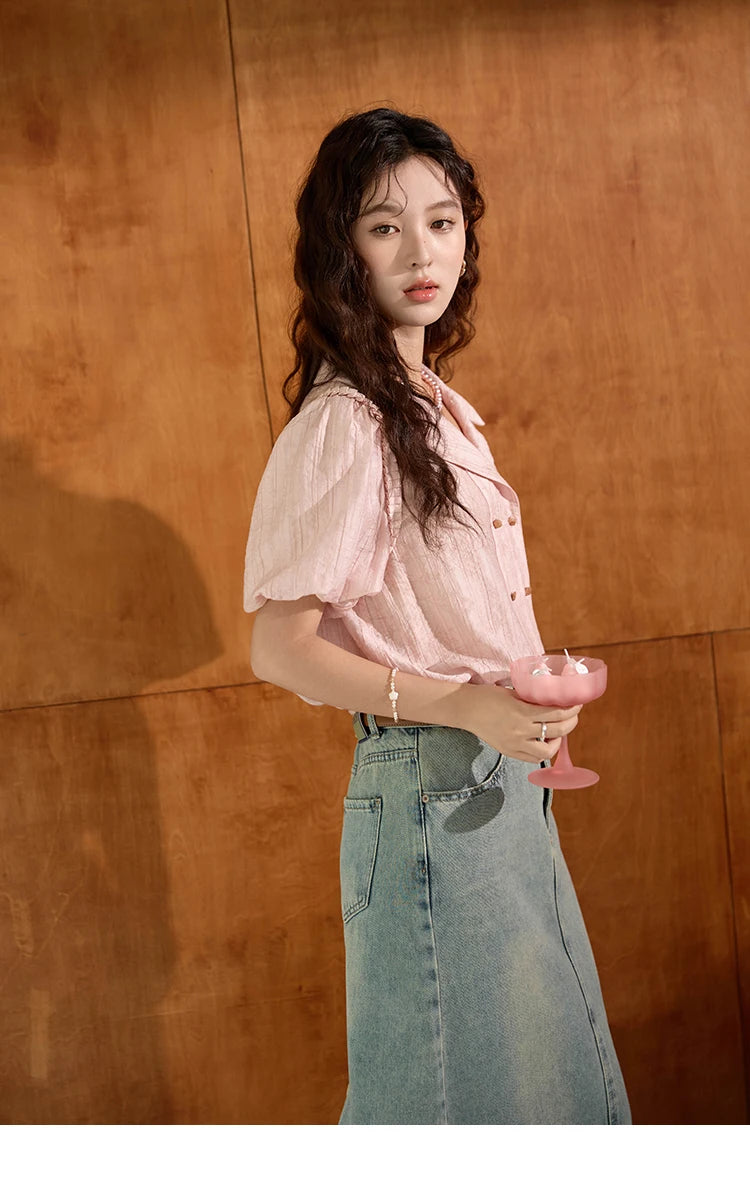 MISHOW Retro Pink Short Sleeve Shirt Ruffled Edge MXD29C0273