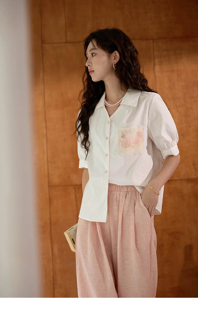 MISHOW Cotton Short Sleeve Shirt Embroidered Pocket Puff Sleeve MXD26C0243