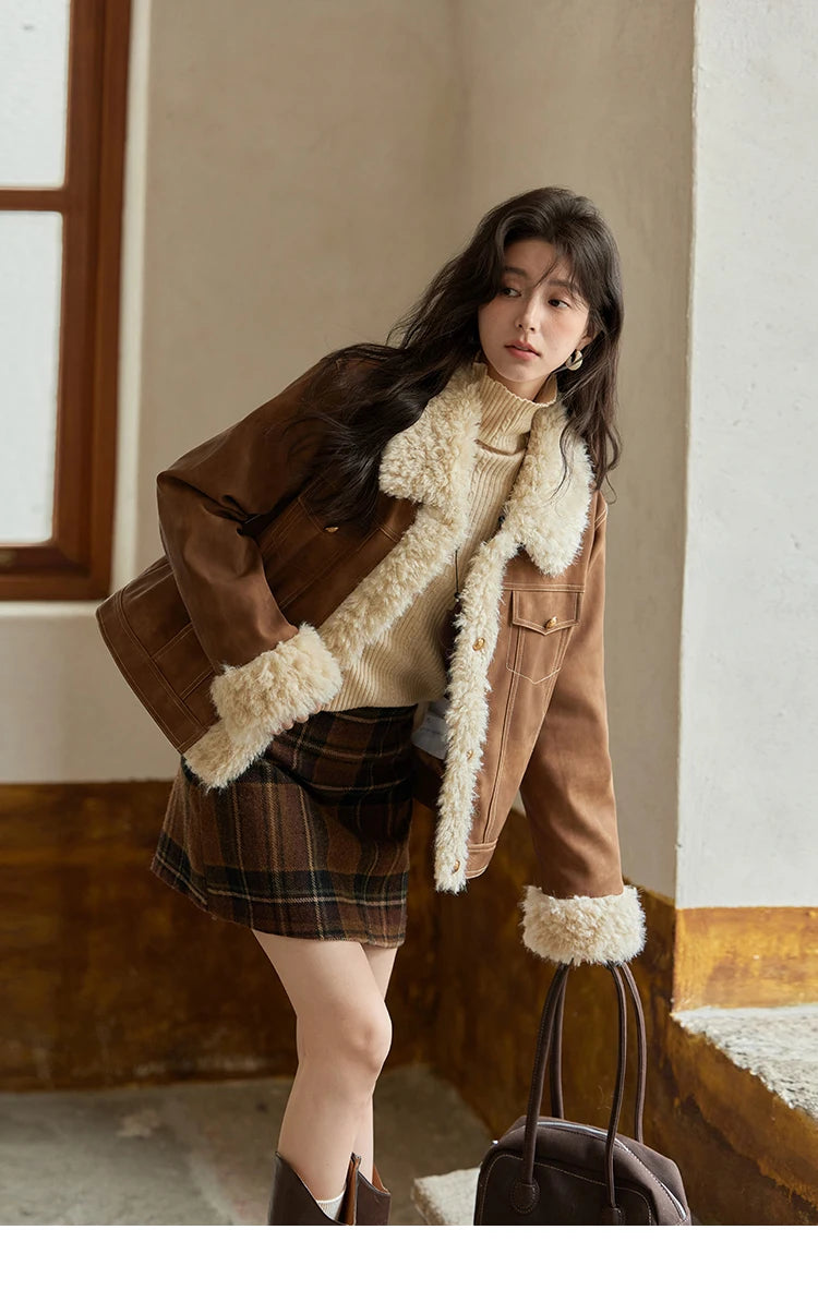 Mishow Leather Fur Lamb Wool Spliced Jacket MXD56W0538