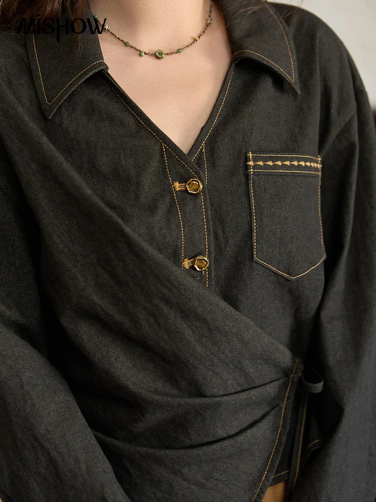 MISHOW Black Imitation Denim Shirt Side Lace-Up Lapel V-Neck MXE42C2374