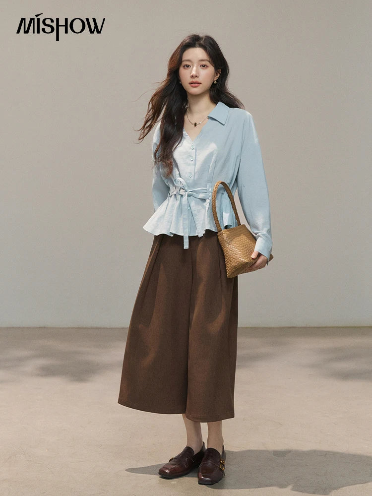 MISHOW Light Blue Lyocell Shirt V-Neck Belted Waist MXF13C2437