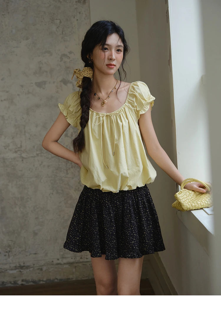 MISHOW Cotton Blouse Puff Sleeve Lace Up O-Neck MXE37X1893