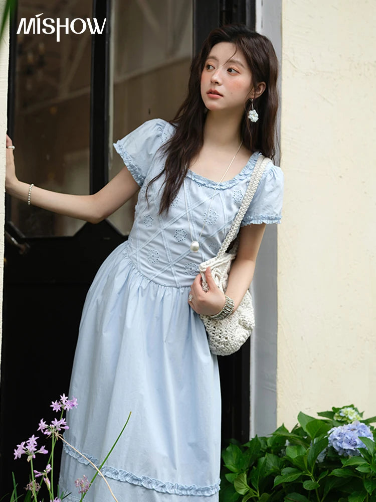 Mishow Blue Lace Mushroom Edge Puff Sleeve Dress MXE38L2348