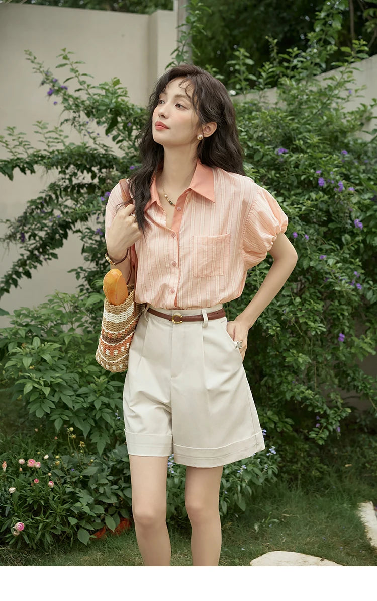 MISHOW Hong Kong Retro Pink Striped Shirt Bubble Sleeve Lapel MXD28C0250