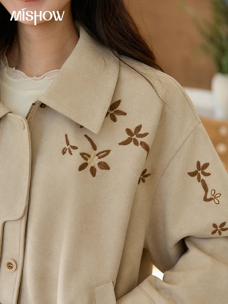 MISHOW Imitation Suede Jacket Floral Embroidery Lapel Zipper MXF11W1027